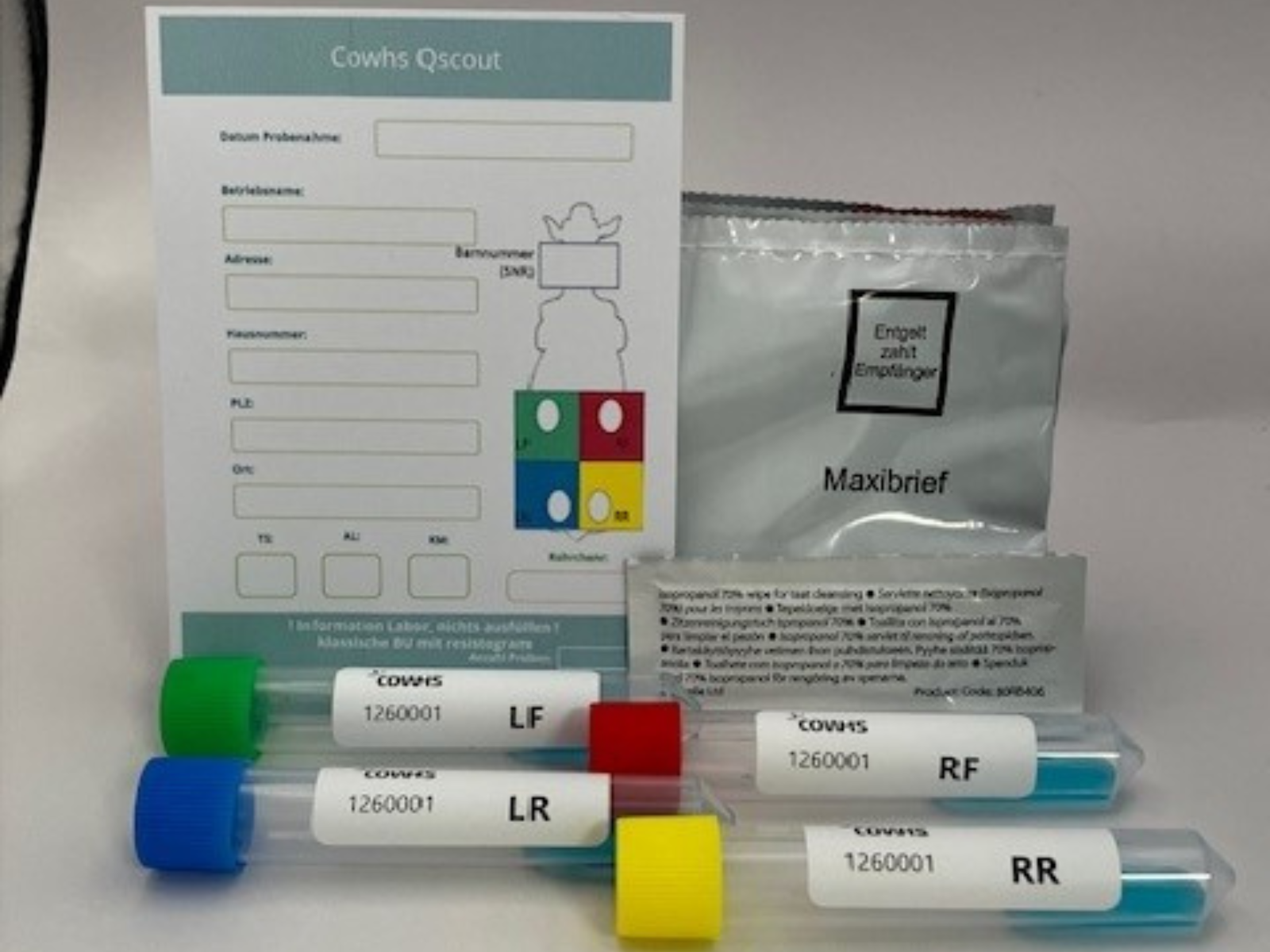 Q-Scout kwartiermonsters LF LR RF RR voor diagnose per speen