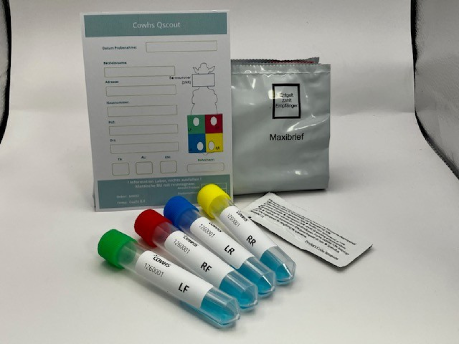Q-Scout kit met vier gekleurde monsterbuisjes voor uiergezondheid