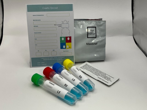 Q-Scout kit met vier gekleurde monsterbuisjes voor uiergezondheid